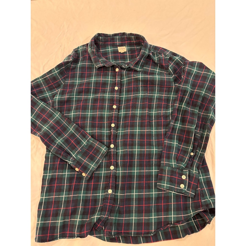 J.Crew The Perfect Shirt Womens XL Green Navy Plaid Cotton Flannel Button Down